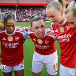 Women soccer players celebrating during a match in the Women's Super League title race.