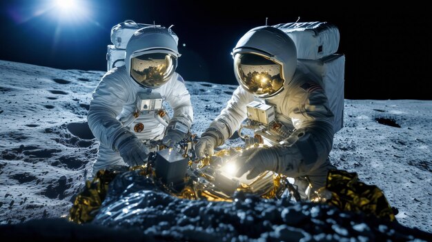 Four astronauts celebrating their Moon discoveries, showcasing Moon discoveries and teamwork.