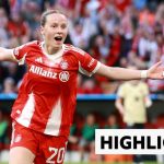 Bayern Munich and Barcelona players during a women's soccer match.