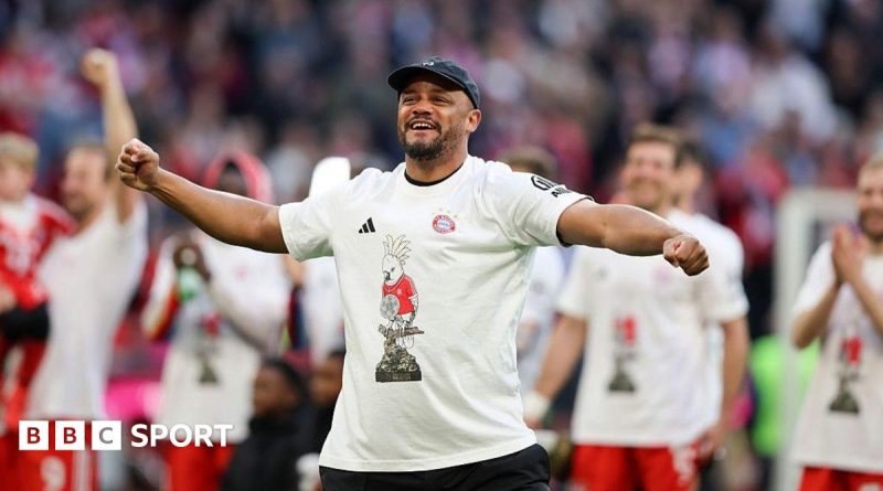 Bayern Munich celebration with players in cockatoo T-shirts after a title win.
