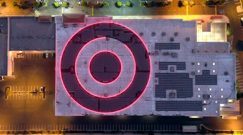 Big-box store utilizing solar energy with shoppers in professional attire.