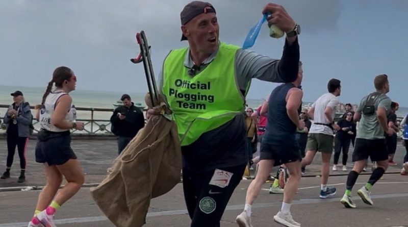 Runners participating in the Brighton Marathon plogging event while collecting litter.