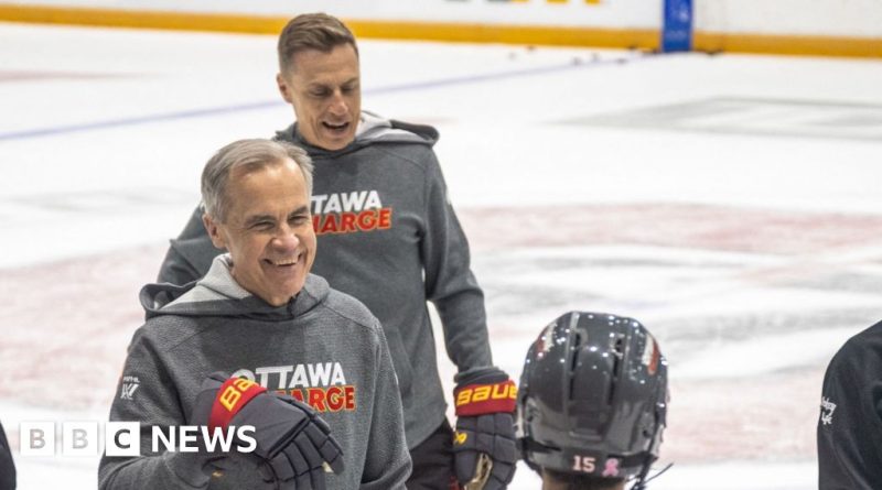 Two leaders engaging in hockey diplomacy on the ice rink.