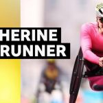 Catherine Debrunner winning wheelchair title at marathon race.