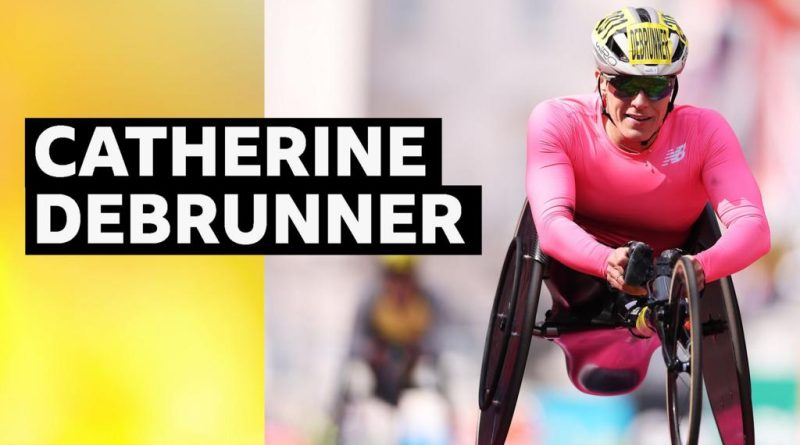 Catherine Debrunner winning wheelchair title at marathon race.