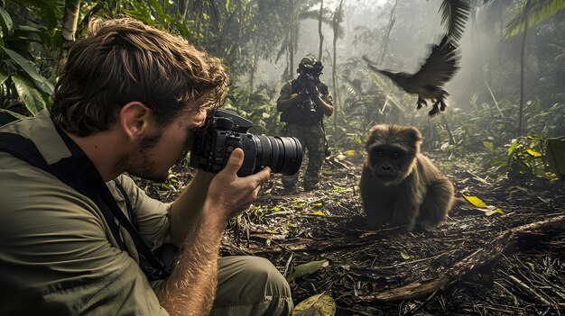 Doug Allan wildlife cameraman filming in a lush jungle environment.