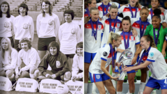 Celebration of Lionesses history with female players on the field.