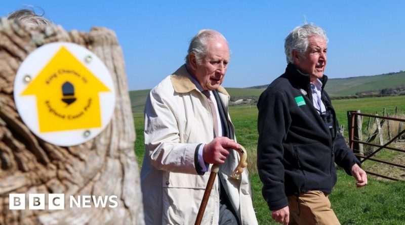 A diverse group walking on King Charles's coastal path in southern England.