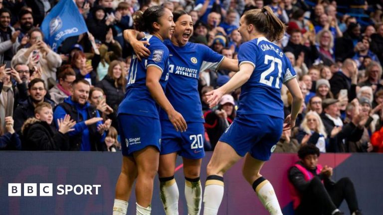 A lively soccer stadium during a Chelsea Women's game at Stamford Bridge.