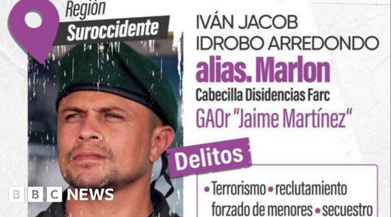 Government officials at a press conference discussing the Colombia rebel leader reward.