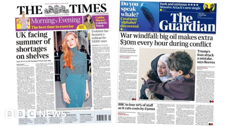 Professionals discussing UK supermarket shortages and oil profits in a business meeting.