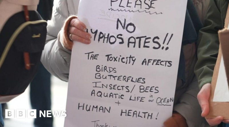 Citizens protesting council weedkiller concerns outside a government building