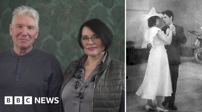 Chernobyl disaster wedding celebration with a happy couple and guests.