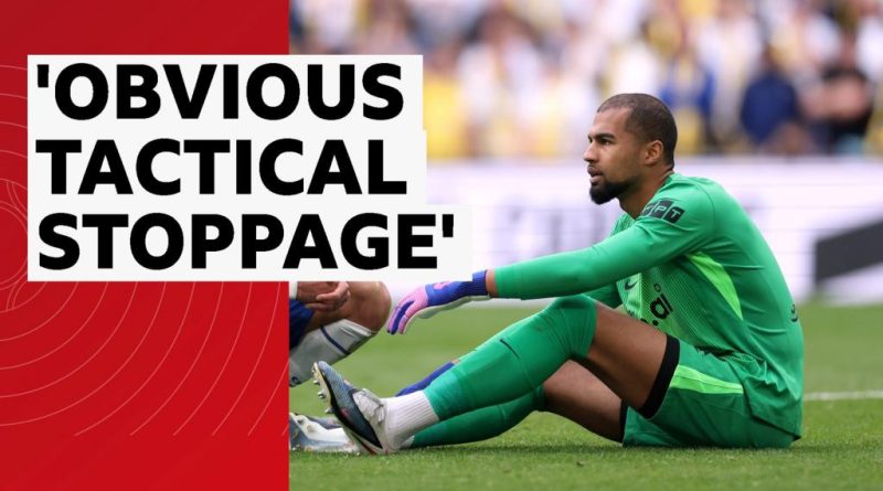 Football match scene showing players and referee addressing tactical stoppages in football.