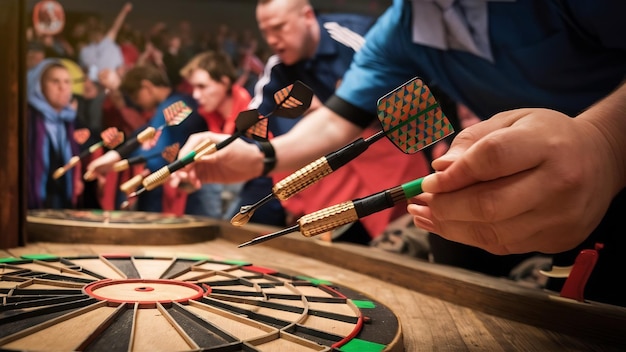 A darts competition showing diverse players in action, highlighting the recent transgender women darts ban.