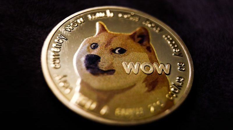 Professionals discussing Dogecoin value increase in a modern office with a Shiba Inu toy.