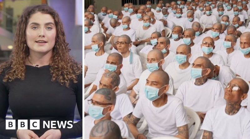 Courtroom scene showing the El Salvador gang trial with remote participants.