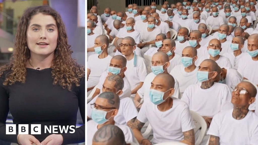 Courtroom scene showing the El Salvador gang trial with remote participants.
