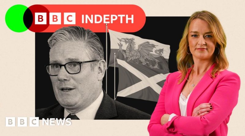 A lively election scene in Scotland and Wales with voters and candidates discussing important issues.