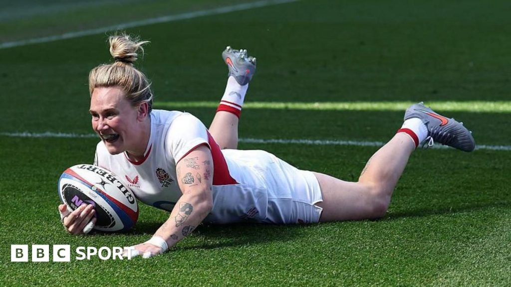 Women's Six Nations match showing players in action on the field.