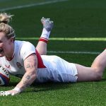 Women's Six Nations match showing players in action on the field.