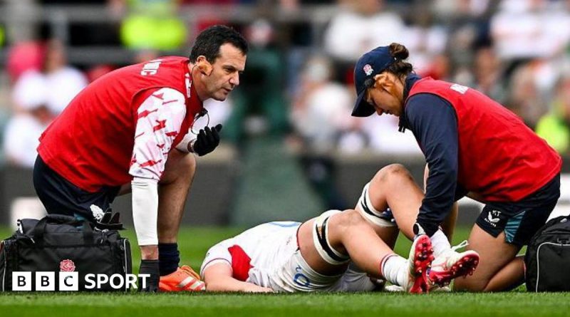 Players in conservative attire practicing teamwork for England Women's Six Nations.