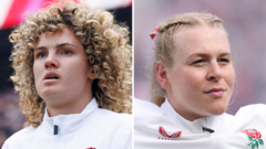 A group of women rugby players training together, showcasing teamwork in England Women's Rugby.