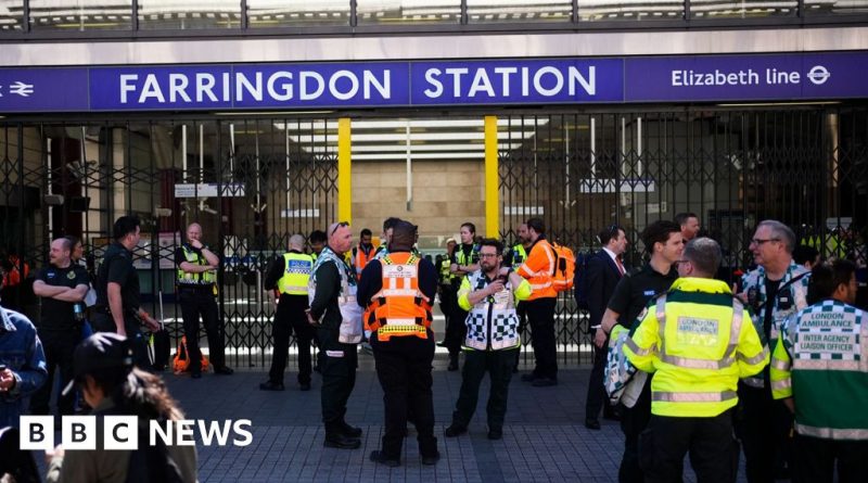 Scene at Farringdon Station showing gas leak response and travelers.