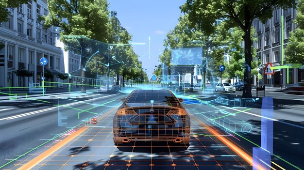 Driverless car technology navigating a busy city street with pedestrians observing.