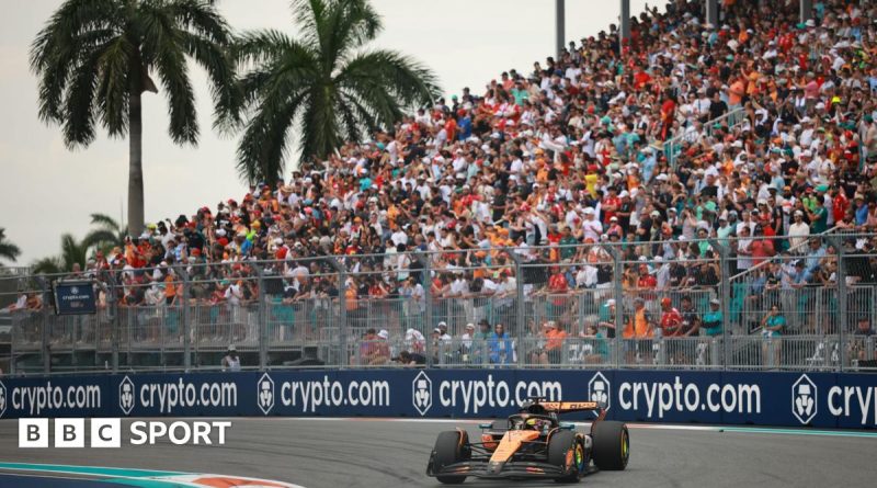 Professionals discussing Miami Grand Prix coverage in a TV studio.