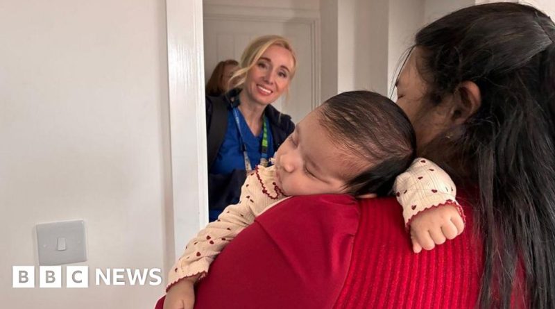 Health visitors discussing caseload management in a professional setting.