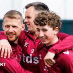 Hearts Scottish Premiership players discussing strategy on the field.