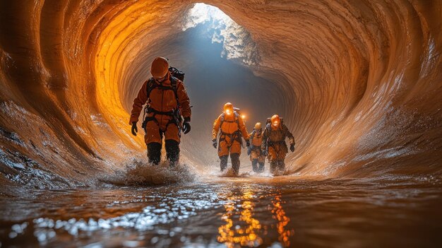 Rescue team working to save a trapped miner in a flooded tunnel.