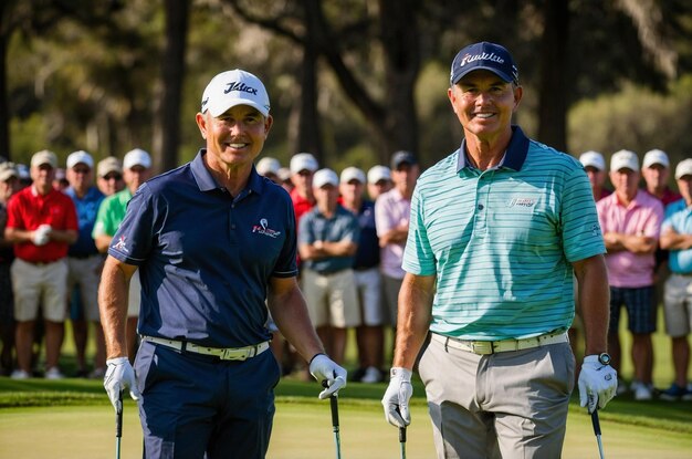 Masters Tournament highlights with golfers in action on a green course.