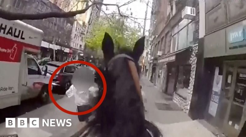 A police officer on horseback chasing a suspect during a New York City theft incident.