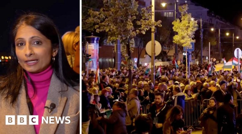 Crowd celebrating the Hungarian opposition election victory with flags and joy.