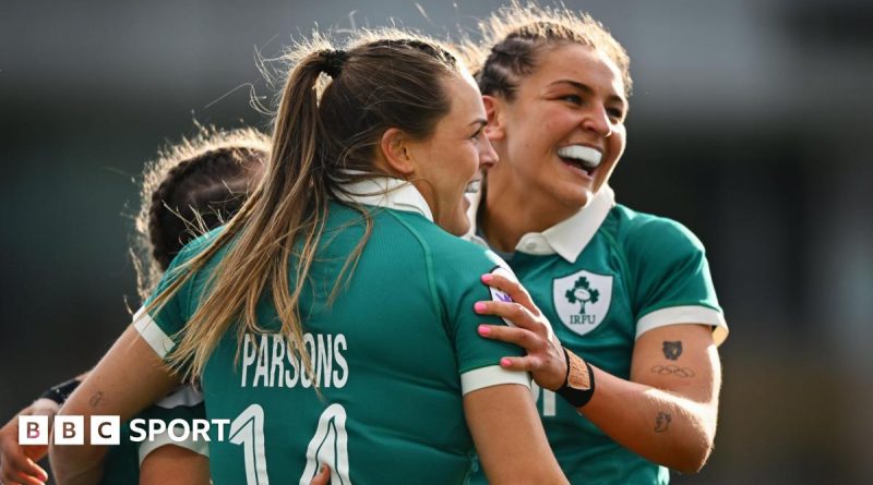 Ireland Women's Six Nations match with players in action on the field.