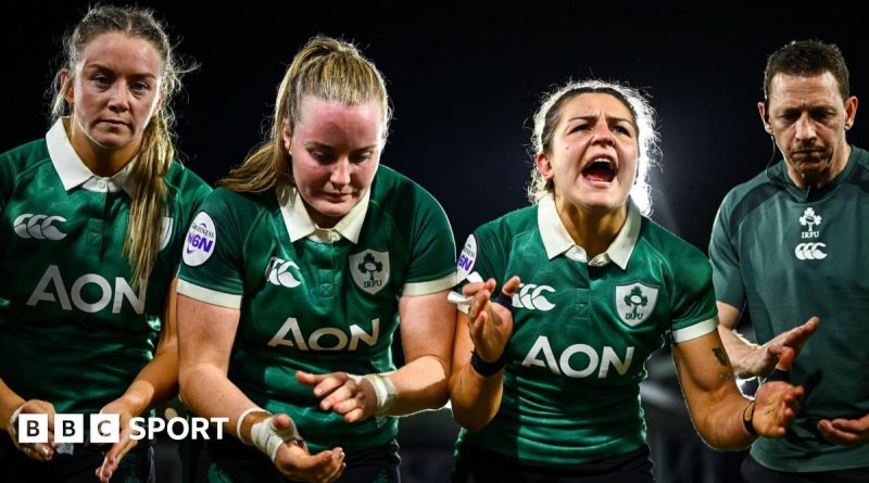 Ireland women's rugby team practicing strategies on the field.