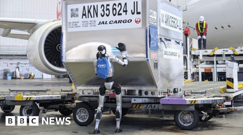 Humanoid robots assisting Japan Airlines ground staff at an airport.