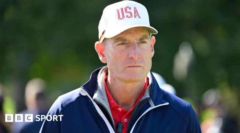 A team of golfers in professional attire discussing strategy for the Ryder Cup.
