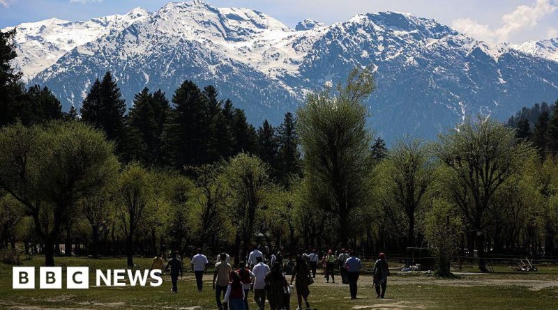 Tourists enjoying the scenery in Pahalgam, Kashmir, highlighting tourism recovery.