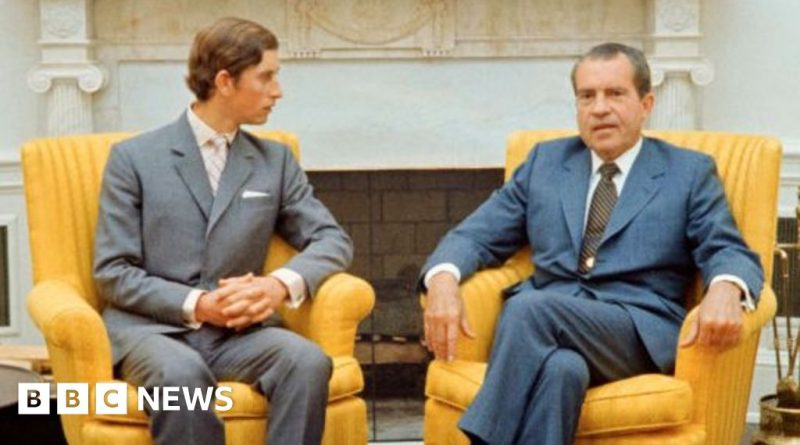 A diverse group in formal attire discussing King Charles visits US.