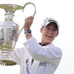 Nelly Korda celebrating her Chevron Championship victory on the golf course.