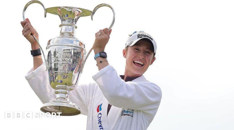 Nelly Korda celebrating her Chevron Championship victory on the golf course.