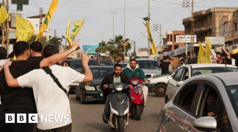 People in business attire celebrating the Lebanon ceasefire, expressing hope for peace.
