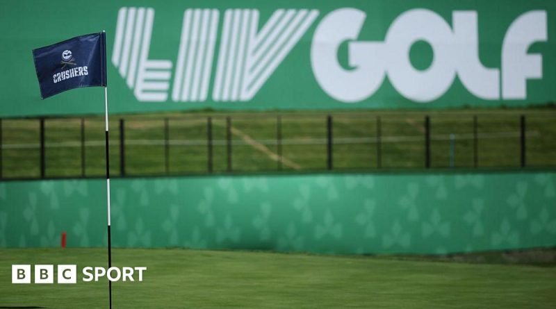 LIV Golf event delay with players and spectators on a green course.