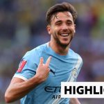 Manchester City players celebrating a goal during the FA Cup final match.