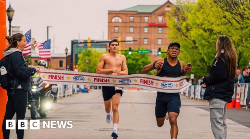 A marathon runner's celebration mistake leads to unexpected loss at the finish line.