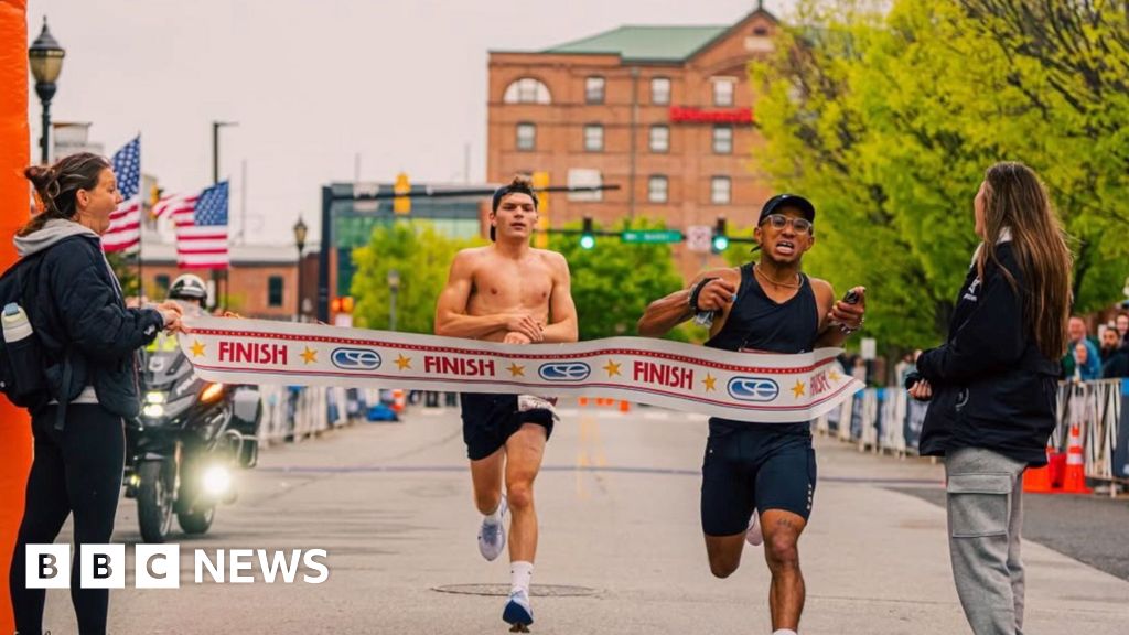 A marathon runner's celebration mistake leads to unexpected loss at the finish line.