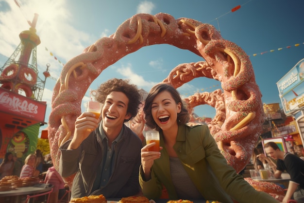 Visitors smiling by the giant Cheeto attraction, a quirky roadside landmark.